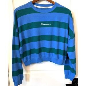 Champion Women Rugby Stipe Cropped Long Sleeve Shirt S Blue Green Academia